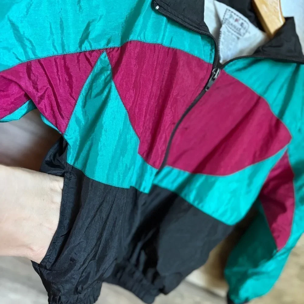 Colorblock Vintage 80s 90s Windbreaker Jacket Teal Fuchsia Black Boys 4 good pre